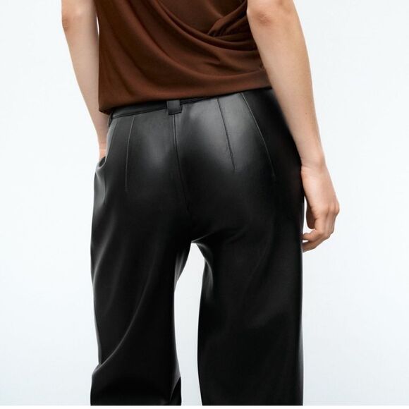 Zara Francoise Trouser Pants Black Faux Leather Straight Leg Full Length - Picture 6 of 8